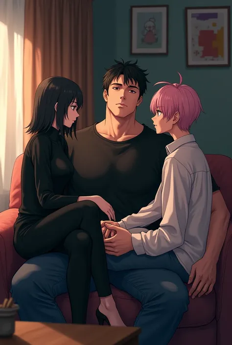  Imagine an anime environment where a tall man is sitting on a sofa. On his left thigh,  there is a woman with a cold and sharp appearance ,  dressed completely in black ,  with a serious and enigmatic expression . Her hair is dark and straight,  and his g...