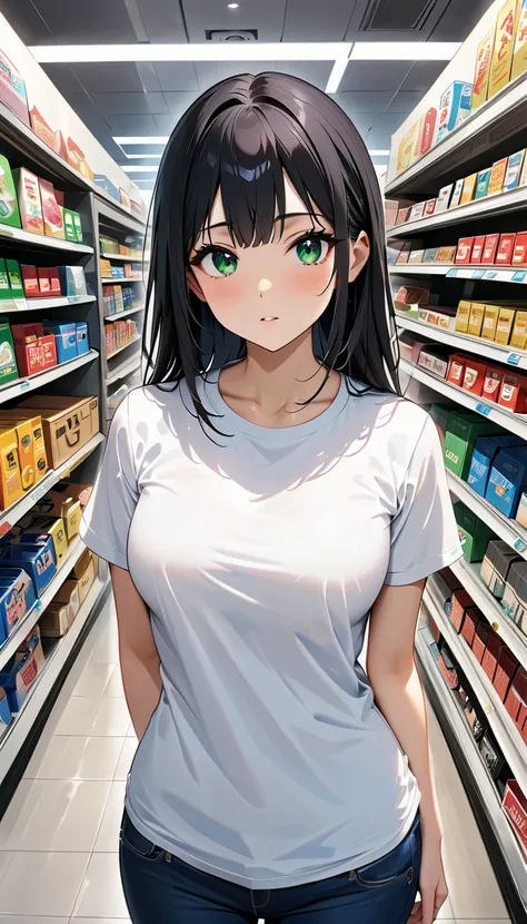 masutepiece,  high resolution, 8k, ( long black hair), (Convenience store background ), innocent woman,  green eyes, (High quality eyes),  white t-shirt,