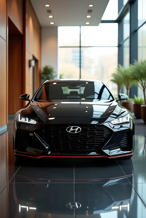 A close-up front view of a sleek, modern black Hyundai Iconic 5 N car with sharp headlights on in a luxurious indoor showroom. The background shows large glass windows with soft, natural light filtering through, and elegant wooden panels along the sides. T...