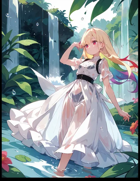  score_9,score_8_up,score_7_up,source_anime,paradise,waterfall,water drop, bangs,long hair,blonde,rainbow hair, simple dress, wet, see-through