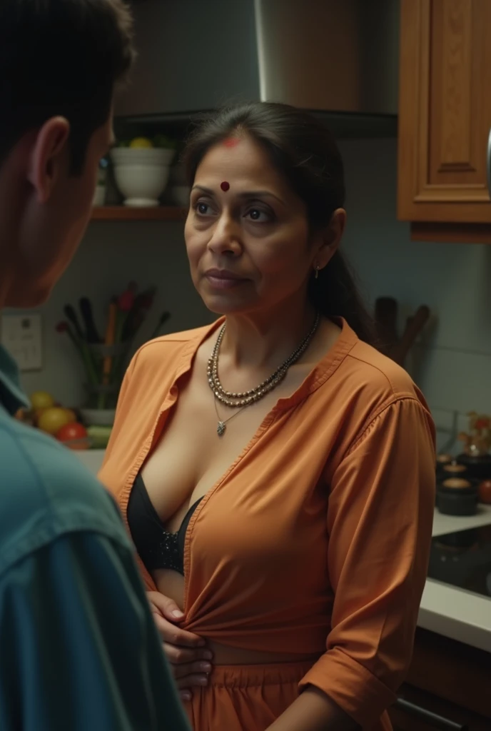 A Young Guy forcefully Opens a Mature Indian Ladys Blouse in Kitchen, Exposing her Large Breasts, BRA Visible, The lady looks shocked, Dim light in the Kitchen, 8K, UHD.