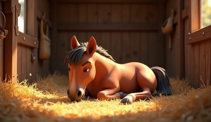 29. 3D animated Disney inspired: The horse lies down in a cozy pile of hay inside the barn, looking peaceful and content.