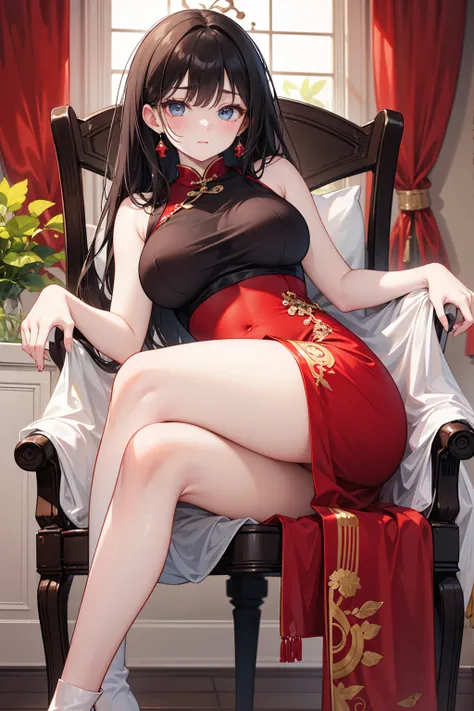  has long, dark hair ， with warm blue eyes  ，Black eyebrows、Clear and bright eyes，The lines of the facial features are soft and graceful，Cold and elegant，Refined spirit，There is no flaw at all。 The skin is white and red ，The bright red cheongsam-style nigh...