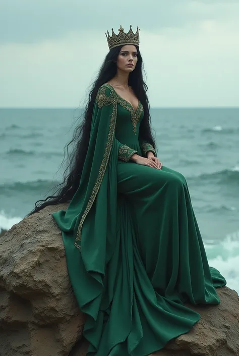 seen from a distance, a queen wearing a crown, black hair wearing a green closed dress, sitting on a rock on the edge of the sea