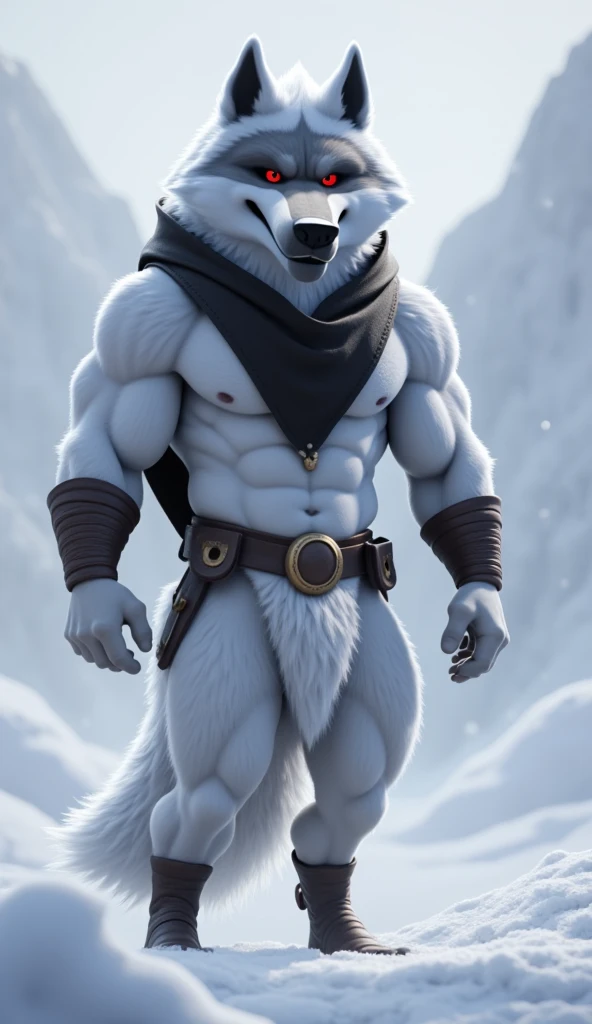 Yearly people,  is extremely muscular,  An anthropomorphic white male wolf standing alone in the middle of the desolate snow. He is alone,  and glowing red eyes that contrast with the cold environment . His expression was serious and focused,  highlighting...