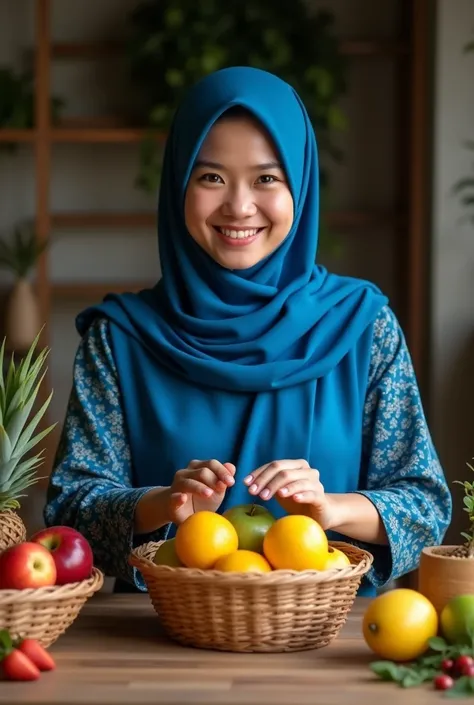 Create a picture of Indonesian woman age 30 smiling sweetly wearing blue hijab, sitting while putting together fruit decorating a fruit parcel using a basket,ribbon and plastic 