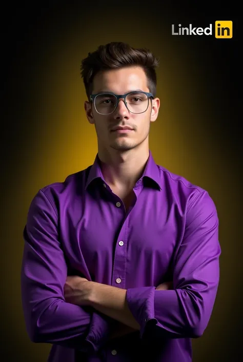 The main visual features a young 20 years old male with a confidence and crossed arms, centered prominently in the image. He is wearing a vibrant purple shirt that contrasts sharply with the dark background, adding visual appeal. His pose exudes confidence...