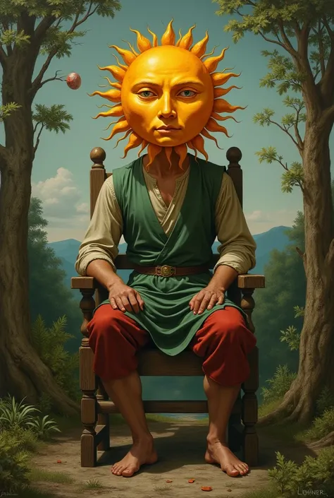 Create an image of a man with a Sun with a human face instead of a head in a surrealistic way 
Wearing simple old clothes in green and red tones
Sitting on an antique wooden chair
In the middle of nature
The image must have cool tones and refer to old Rena...