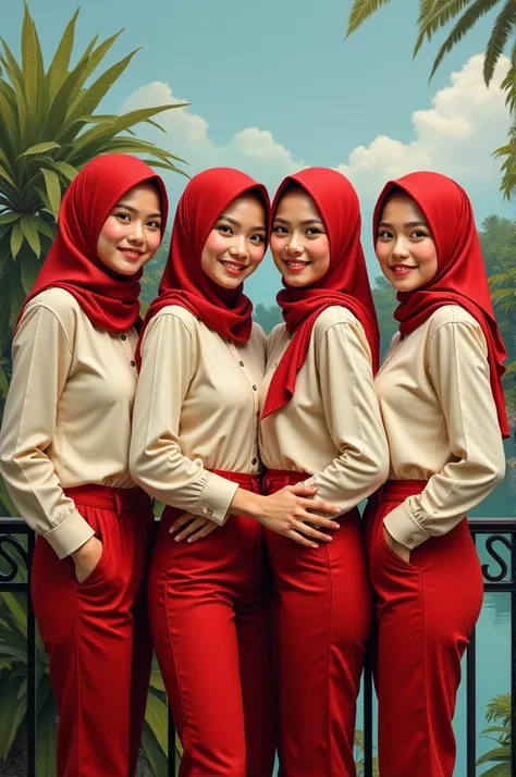  A realism picture of four Malay woman,beautiful & charming,wearing a red colored hijab,a cream buttoned blouse & red chinos,sweet shyly smile,standing while placing her hands on the iron of the balcony house,seeing the beautiful scenery of tropical plants...