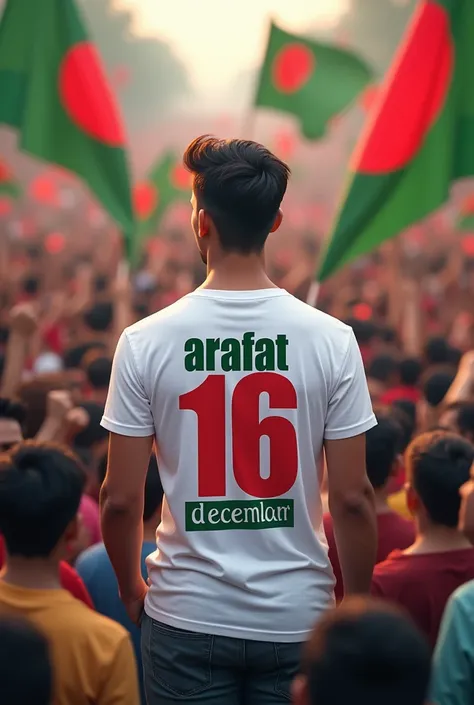 (part2)crowds waving Bangladeshi flags. The young man is wearing a white T-shirt with red and green stripes, featuring the text ARAFAT 16 DECEMBER DECEMBER 16TH in bold green and red letters,