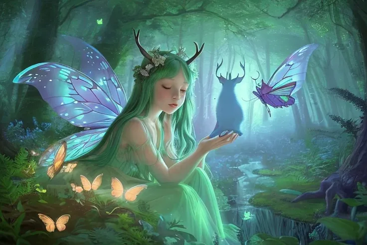 "In a moonlit, enchanted forest scene with a soft, painterly illustration style, a small fairy perches gracefully upon a blooming flower in the lower right corner of the image. She gazes toward a gentle gathering of magical creatures: a horned fox with shi...