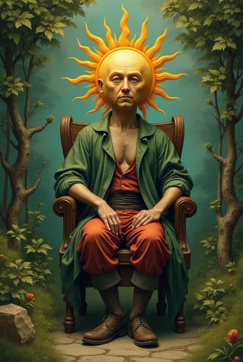  Create an image of a man with a Sun with a human face instead of his head in a surrealistic way  ( The face of the Sun must be serious and masculine and the head must not be too big )
 Wearing old and simple clothes in green and red tones
Sitting on an an...