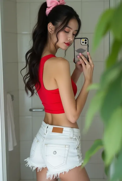 Beautiful Asian woman, 18 years.

A young woman with long, wavy dark hair tied back with a large pink bow, taking a mirror selfie in a bathroom. She is wearing a red sleeveless crop top and white shorts. showing her side profile, and stands against a tiled...