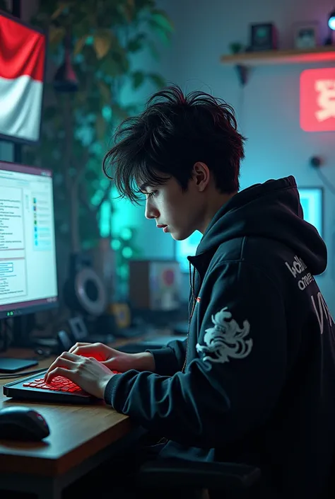  looks from behind a messy haired young man sitting in front of a computer desk Hackers desk Wallpaper and Indonesian Flag, using a KILLER VPN jacket and a white Dragon emblem and lots of 3D animations on the wall