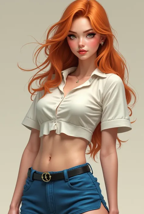 Golden red hair
Egyptian eyes
Smart neck
Pinkish skin
Sexy body 
White short shirt
Blue shorts
Service in tennis
