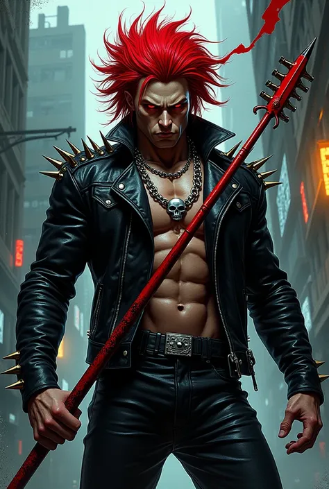 Create me a villain comic with hair and its called the villain-style hero hunter red eyes leather jacket with spikes on the shoulders a spear in the shape of a red guitar be muscular skinny have a skull chain and come out defeating ah Batman