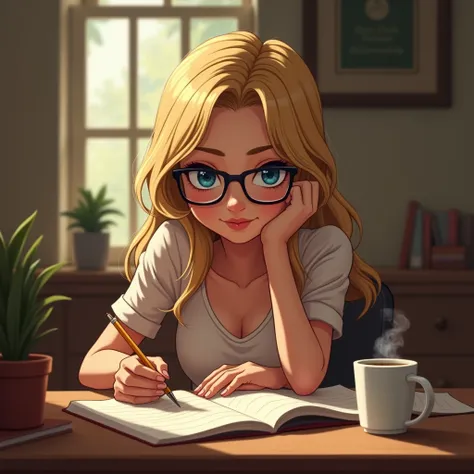 Blonde girl with blue eyes and glasses studying in a room with a coffee