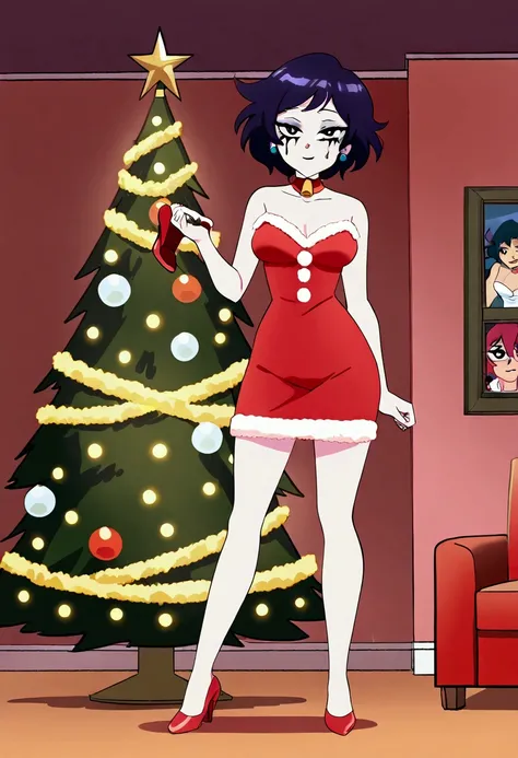 (40s animation, betty boop aesthetic) A cute woman (amazing figure, age 22, deep dark eyes, loud makeup, sexy Christmas outfit) is decorating a Christmas tree with blinking lights and ornaments, sultry, flirt, living room, show her from head to toe, full b...