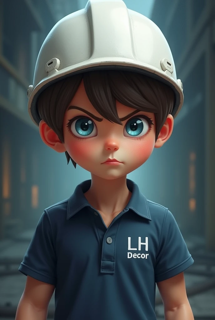 Boy cute civil engineer with little muscle wearing white helmet white dark blue collared T-shirt with LH-Decor initials logo light blue eyes, chocolate colored hair looking straight ahead scary