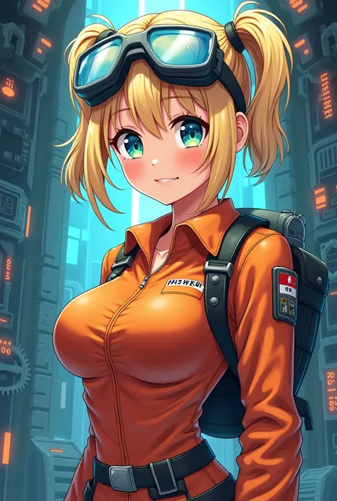 Blonde anime girl short pigtails gigantic breast engineer goggles 