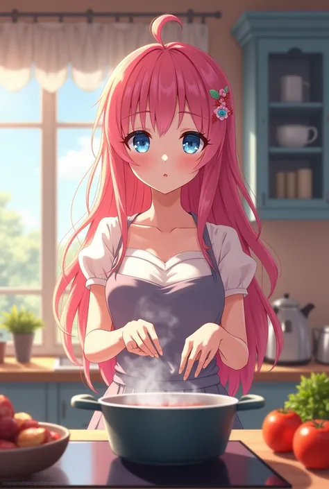 A blue eyed long pink haired anime girl is cooking