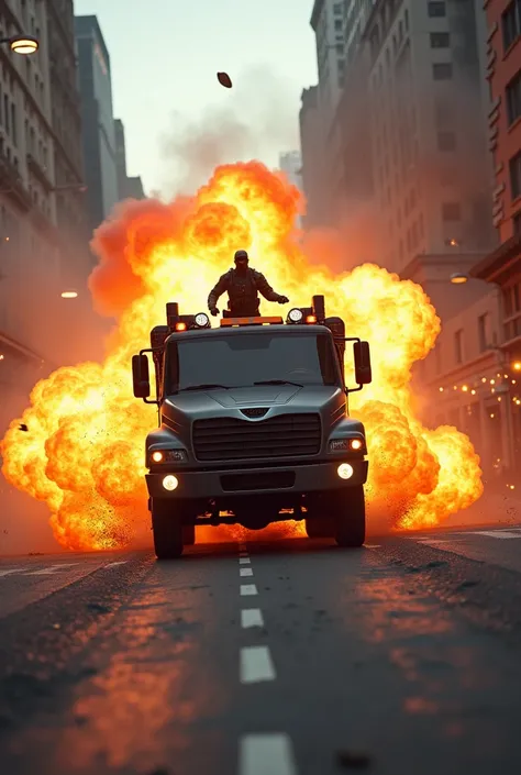 Armored truck exploding while in motion and there is a subject coming out from the roof of the car