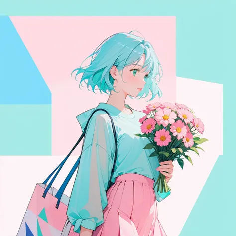  flat illustration ， minimalism，geometry，Abstract Memphis， anime portrait， close-up shot ，holding a bouquet in her hand， Her Nipples Stand ， Wearing a light green shirt， pink short skirt，Holding a flower in hand ， light pink canvas bag on shoulder，  blue l...