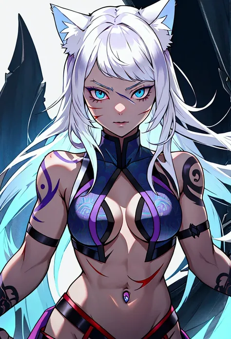 young girl, long white hair, heterohromia, left eye blue, right eye purple, multi-colored eyes, cat ears, ice claws, lot of scars, lotbof tattoo, skinny, blue form, sleeveless, open belly, open breasts, Masterpiece, best quality, Full HD, 8k, ultra details...