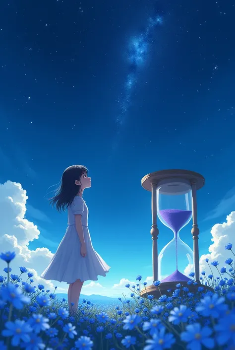 anime girl top view, on nemophila field, night timd, star gazing, standing, big hourglass infront of her