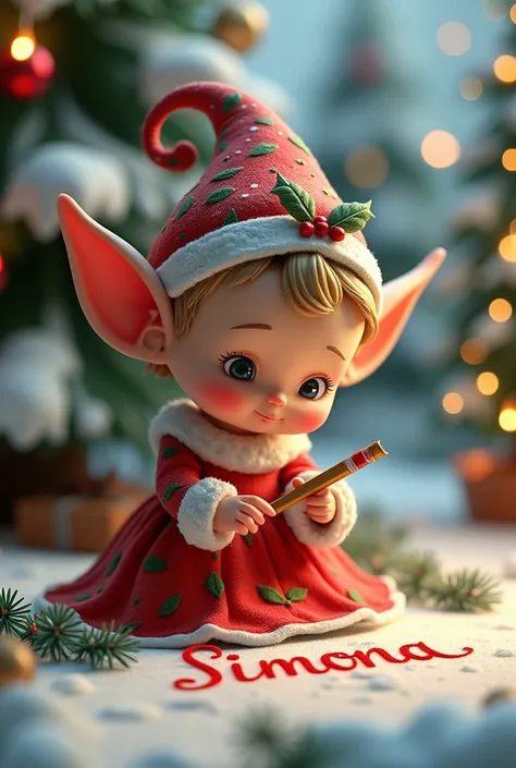 Baby elf in Christmas dress who writes the name Simona 3d