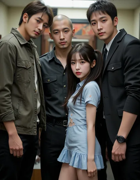 NSFW, dynamic,
realistic, Press photo, Documentary Technique, Very clear image,HDR,
(full body visible:1.5), 

1girl, 3guy,

A Korean beauty idol is captured by a korean gang and surrounded by men who look like theyre ruthless,
The girls are smaller than t...