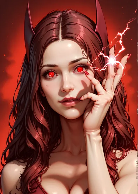 Gorgeous Scarlet Witch from the MCU, sexy masterpiece, slutty, cleavage, oily skin, best quality, highest quality, high definition, highly detailed, 8K, athletic and fit body, naughty, perfect hands, detailed hands, perfect eyes, detailed eyes, flirty, sex...