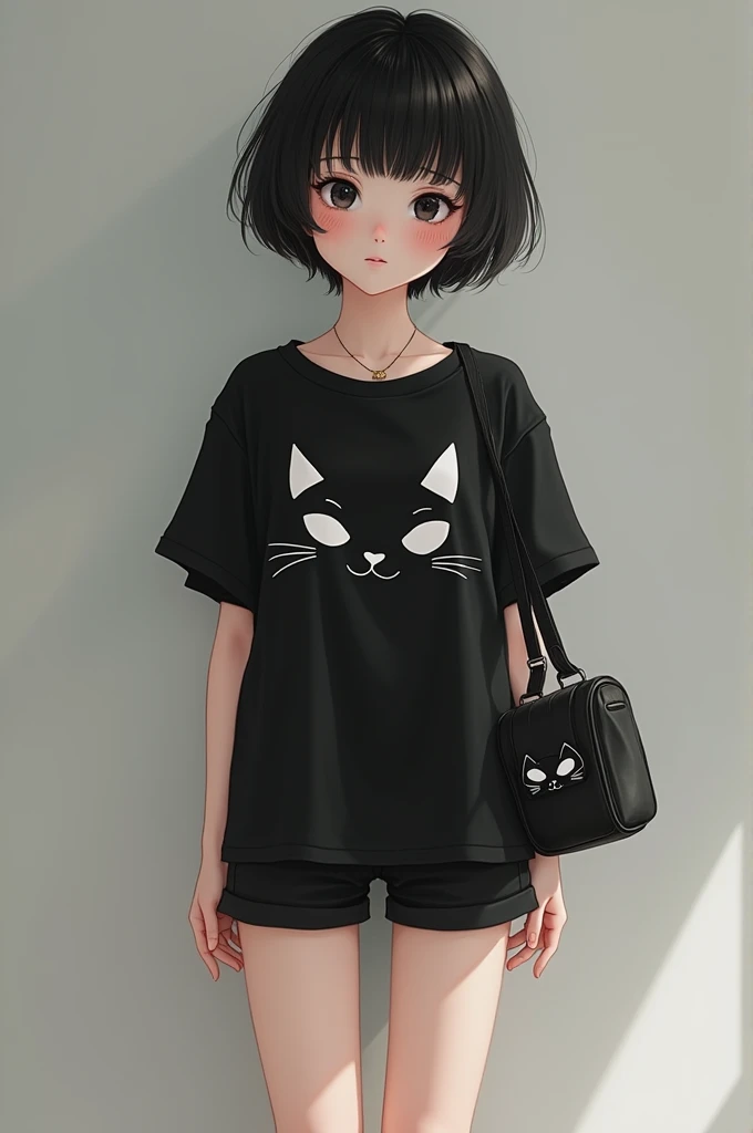 (loli)(  white skin ) ( slim) (black hair and very very very very very short)(black and sad eyes)( that she is happy )( black shirt with short sleeves a drawing of a cat)(short shorts)(I had black with white spots ) ( a bag on the side of a cat )(Realistic...