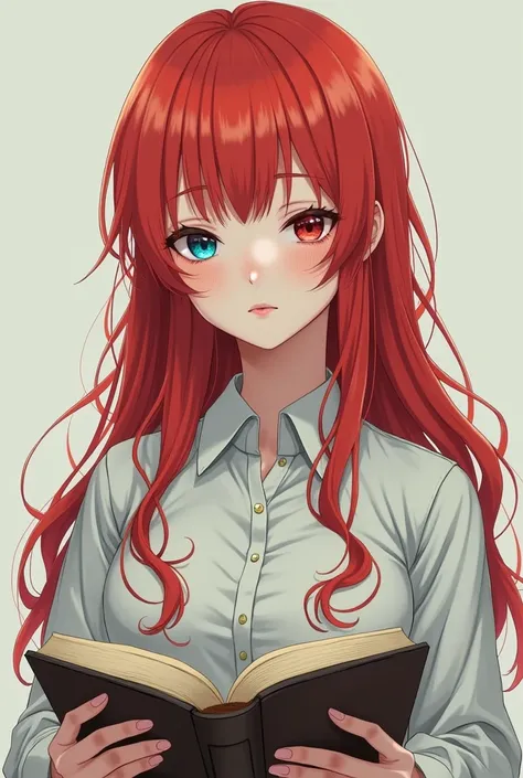 Emotionless anime girl holding a book in her hands.  long red hair ,  different-colored eyes ,  freckles on face . 