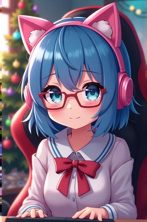 Create an anime of a cute girl wearing glasses, blue hair, wearing pink gamer cat headphones sitting on a gaming chair. In the Christmas stream, take a straight face zoom.