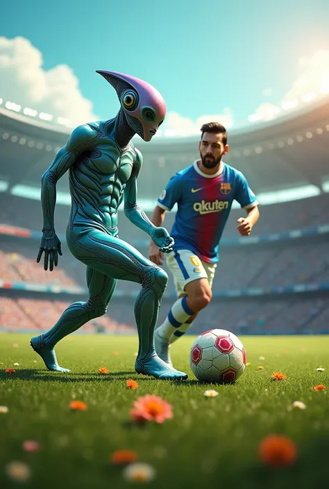 Alien and messi playing football