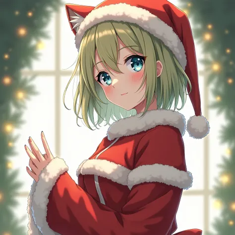  masterpieces,Alone,a woman(light green-blond hair,blue eyes,)(( Santa Claus cosplay,Cat Eared Santa Hat , Red Santa Claus Clothes ))), gentle expression ,standing, normal size chest,medium shot(from west to top of head), simple background,blurry backgroun...