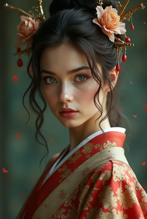 Close-up, European woman, European face, brown hair, ancient Japanese kimono, dynamic pose, complex fantasy character, NSFW, cinematic lighting, fantasy, magic, detailed background, best quality, HDR, 8k, photorealistic, RAW photo, highly detailed