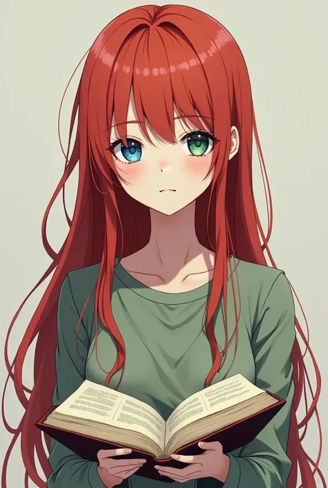 Emotionless anime girl holding a book in her hands.  long red hair ,  different-colored eyes ,  freckles on face . 