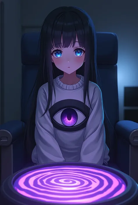 high quality, 8k ultra,HD. Anime girl with blue white spiral eyes with long hair wears a sweater with a chest in the middle showing a large chest of black purple eyes and she sits on a chair in a dark room in front of her there is a purple and black screen...