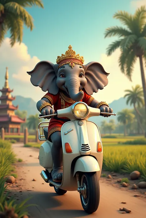 Captured in exquisite 8K Ultra HD, a delightful young Gray  Elephant adorns Khmer traditional dress and jewelry, displaying a mix of charm, surprise, fear, and tears while speeding on a large Vespa, fleeing a rapid Husky chase. Amidst a serene rural scene:...