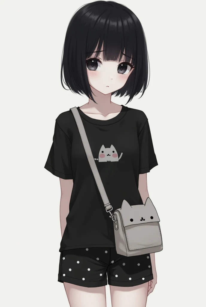 (loli)(  white skin ) ( slim) ( black hair and very very very very very very very very very short)(black and sad eyes)( that she is happy )( black shirt with short sleeves a cat drawing)(short shorts)(I had black with white spots ) ( a bag on the side of a...