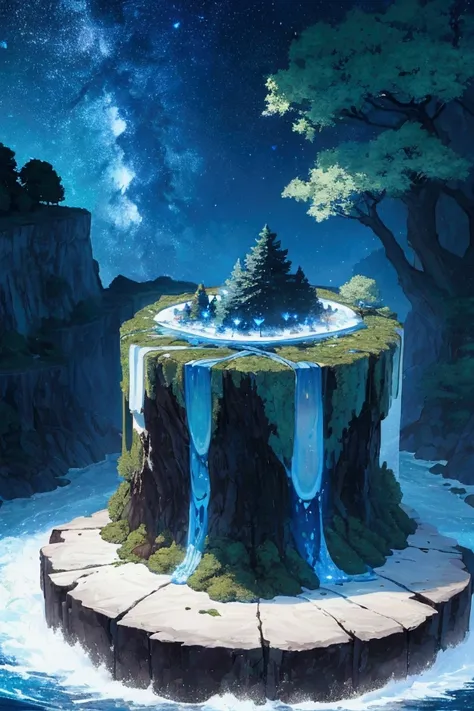  Fictitious scenario of a dark cliff ,  trees with shiny blue fruits ,  at night, stars appear in the sky , -white wooden tree and blue leaves stand out in the center, with a bright green liquid flowing from its trunk- 
