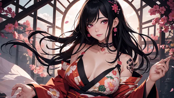 score_9, score_8_up, score_7_up, Japanese teenage girl, floral kimono, exposed shoulders, beautiful face, thick eyelashes, glossy eyes, black hair, cute smile, dark eyeshadow, shoulders tattoos, chest tattoos, floral decoration in hair, falling petals, bea...