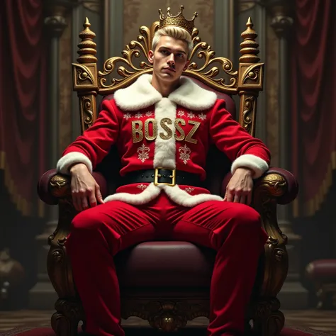 25year old man, short blonde hair, sitting on a throne wearing a crown, wearing a red christmas costume, with a text BossZ on it