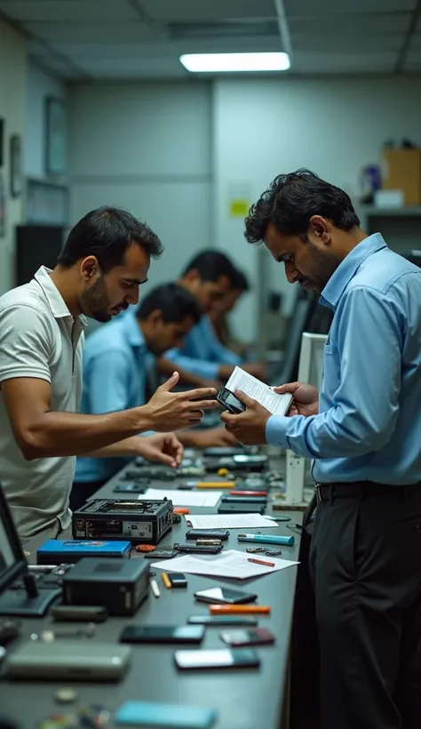 A wide-frame view of a bustling mobile service center in India. Technicians are seated at workstations, focused on repairing mobile phones. In the foreground, a frustrated client is angrily talking to one of the technicians, gesturing with irritation. The ...