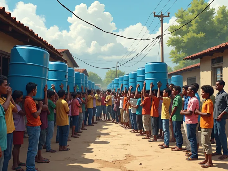 image of people ordering several water drums ready to take to social assistance
