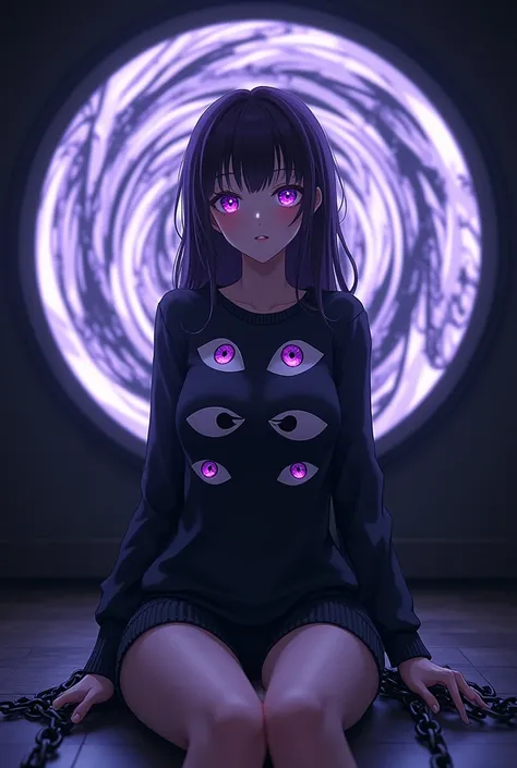 high quality, 8k ultra,HD. Anime girl with circular purple white spiral eyes with long hair wears a sweater that shows a large chest of black purple eyes and she sits on a chair in a dark room in front of her there is a purple and black colored screen that...