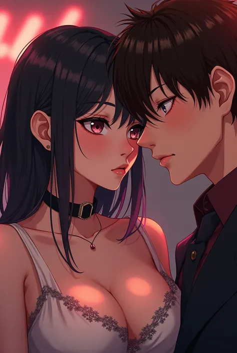  Anime couple where the girl is submissive and wears a dog collar,  the boy is a pervert , Very sexy and spicy ,  with an expression of pleasure