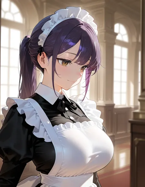 portrait, 1girl, dark purple hair, ponytail, brown eyes, large breasts, maid uniform, light smile, standing, private room, mansion, masterpiece, best quality, amazing quality, very aesthetic, absurdres,  newest, 